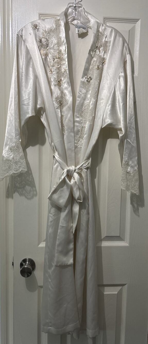 Vintage Natori Neiman Marcus Robe Petite S/M? Ivory Butterfly Floral Lace Pocket